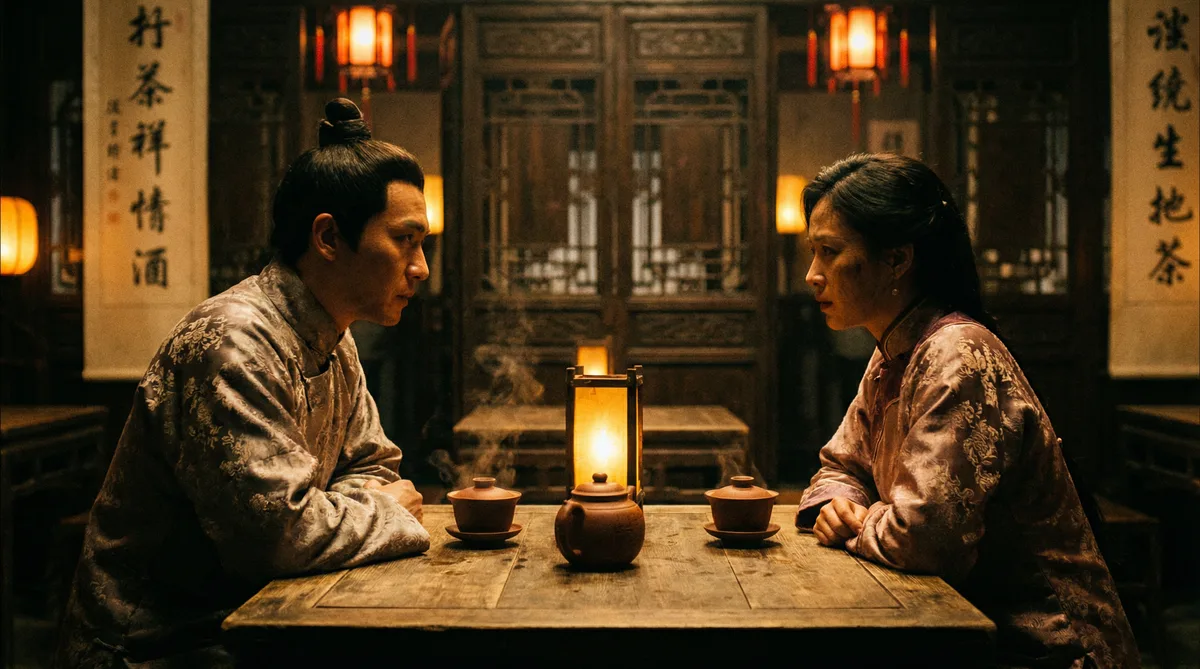 国产视频古装剧情片拍摄剧照-茶馆对话场景