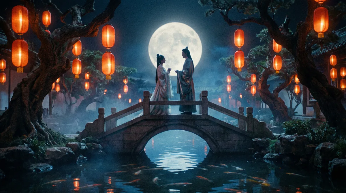 国产视频古典爱情片拍摄剧照-月下花园场景